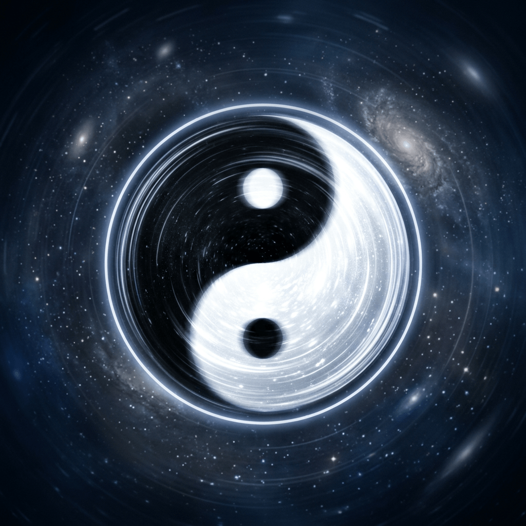 Yin-yang symbol with swirling black and white patterns set against a star-filled cosmic background