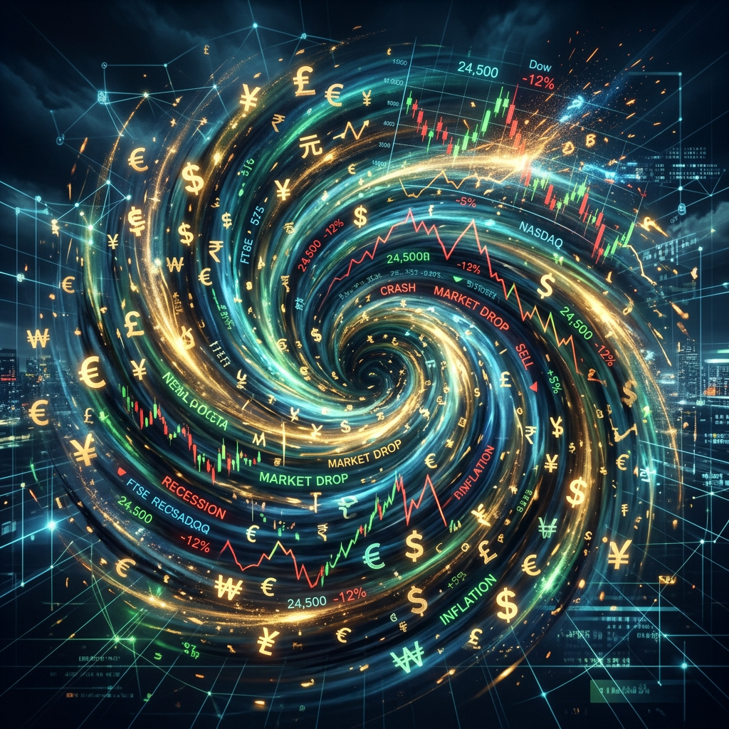 Swirling vortex of currency symbols with declining stock market graphs and financial terms