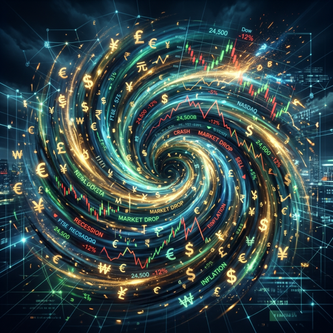 Swirling vortex of currency symbols with declining stock market graphs and financial terms