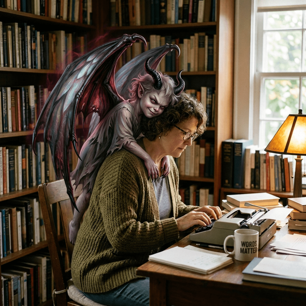 Person typing on typewriter with a glowing angelic figure leaning on their shoulders